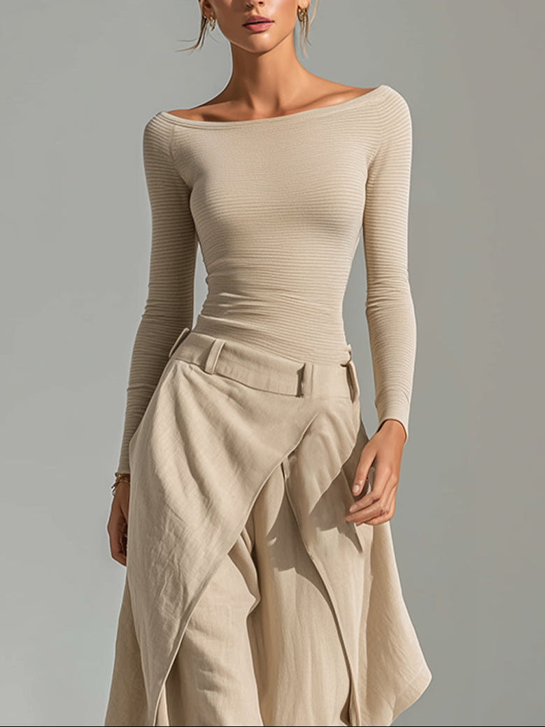 Giuliana | Completo Top Beige con Scollo a Barchetta e Pantalone a Gamba Larga a Strati
