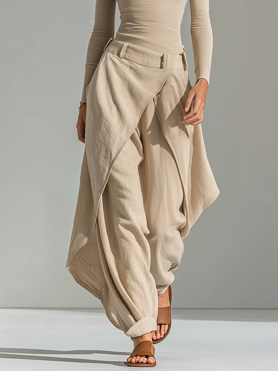 Giuliana | Completo Top Beige con Scollo a Barchetta e Pantalone a Gamba Larga a Strati