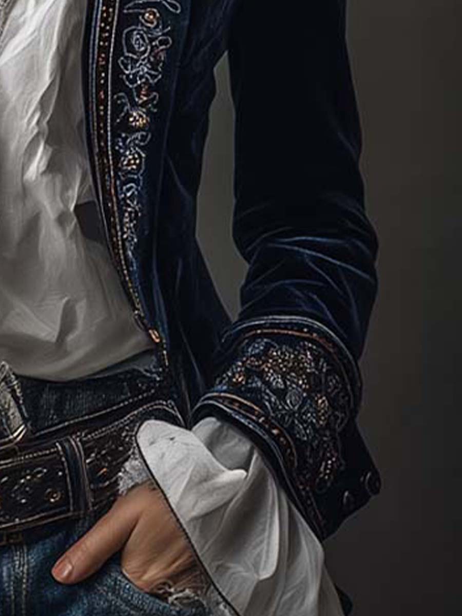 Adele | Blazer Lungo Vintage Ricamato Blu Navy