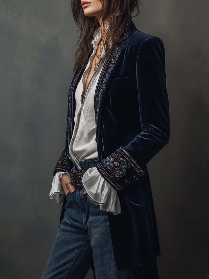 Adele | Blazer Lungo Vintage Ricamato Blu Navy