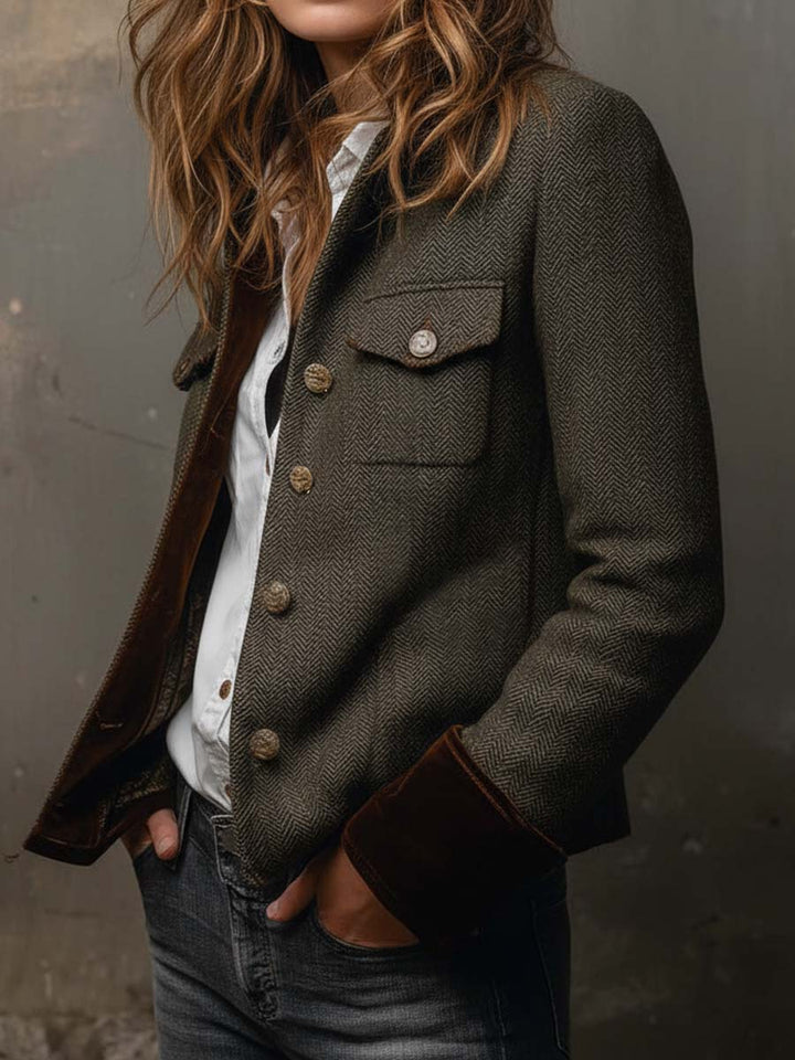 Roberta | Blazer Vintage a Spina di Pesce con Profili a Contrasto