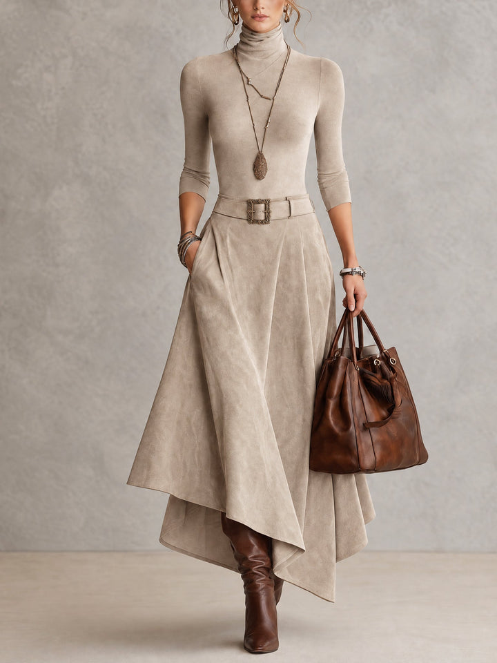 CELESTE | Completo Top Dolcevita in Maglia e Gonna Asimmetrica in Suedine