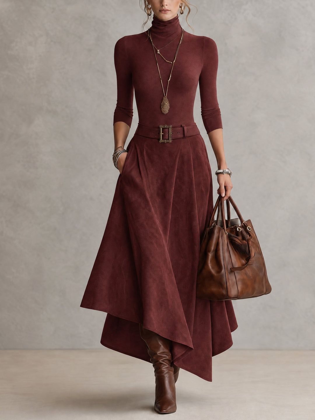 CELESTE | Completo Top Dolcevita in Maglia e Gonna Asimmetrica in Suedine