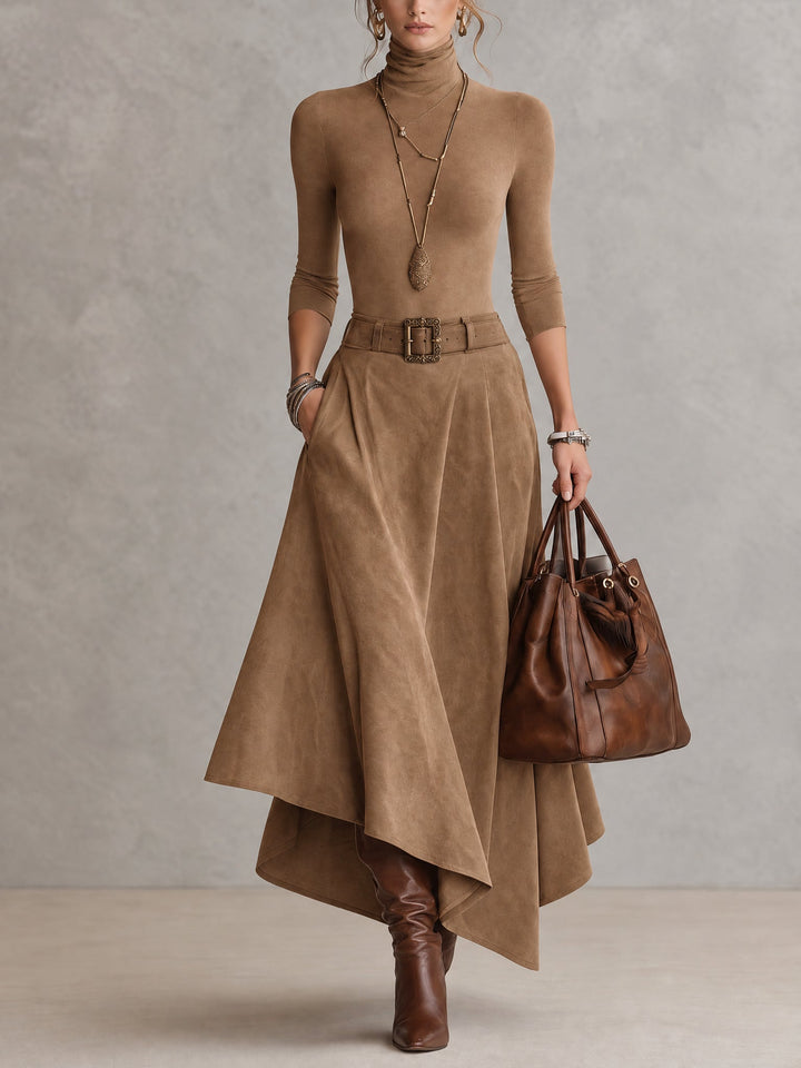 CELESTE | Completo Top Dolcevita in Maglia e Gonna Asimmetrica in Suedine