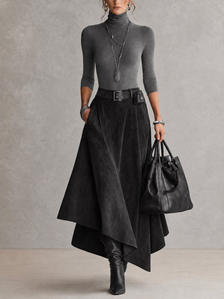 CELESTE | Completo Top Dolcevita in Maglia e Gonna Asimmetrica in Suedine