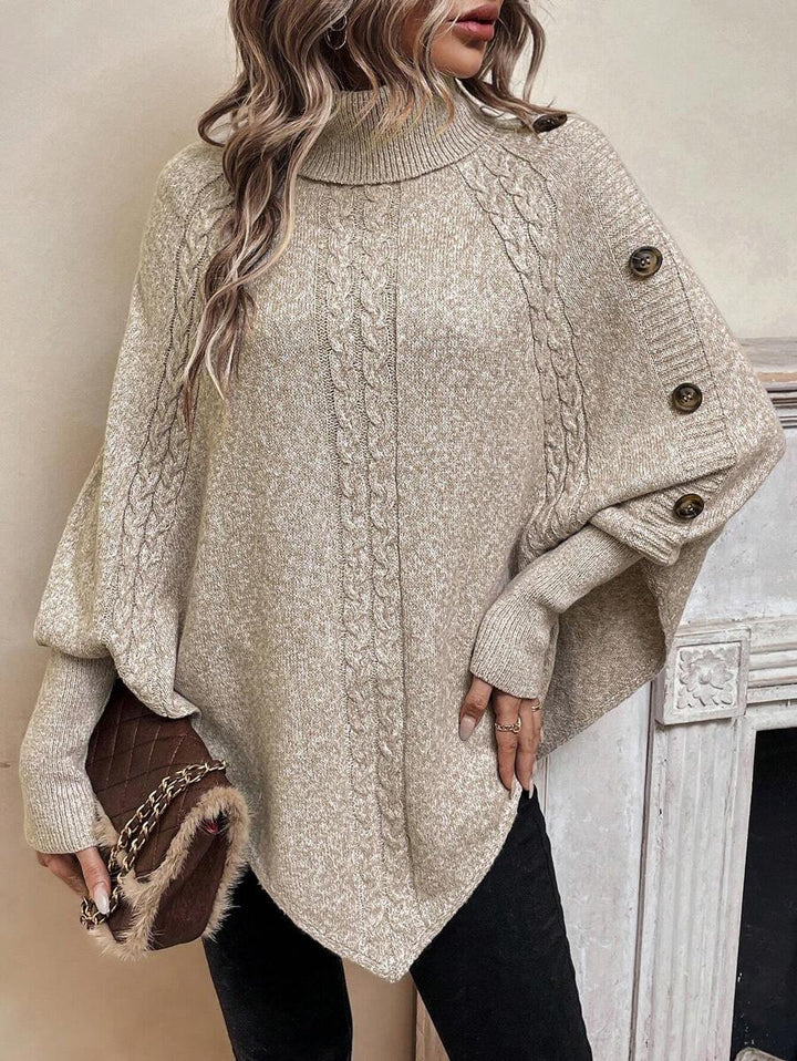 Alexis | Maglione Poncho con Collo Alto e Maniche a Pipistrello, Pullover a Maglia Cable Asimmetrico