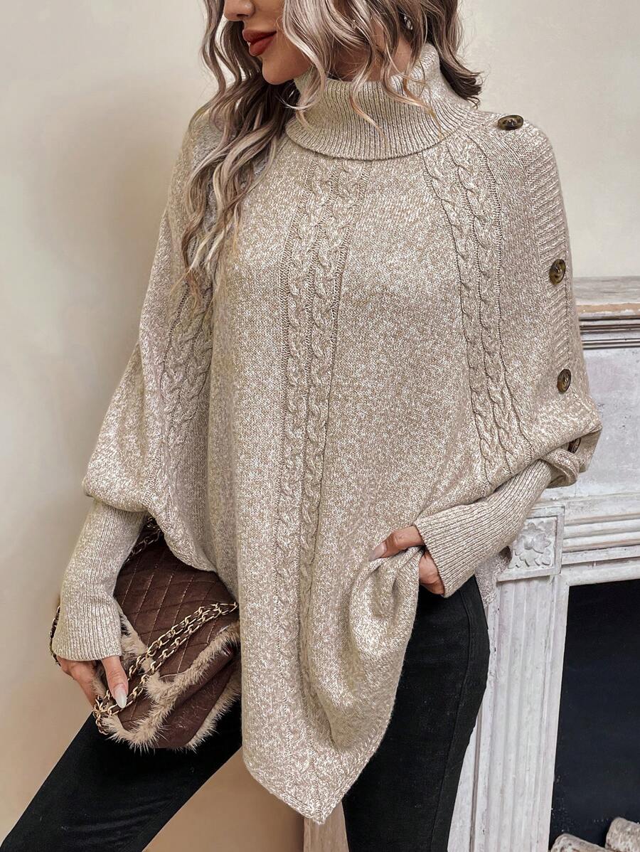 Alexis | Maglione Poncho con Collo Alto e Maniche a Pipistrello, Pullover a Maglia Cable Asimmetrico
