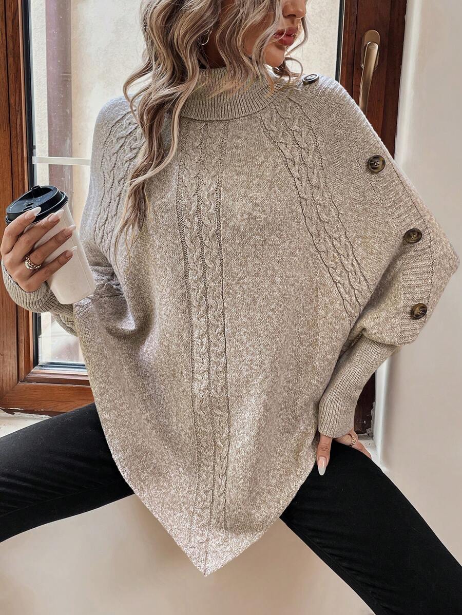 Alexis | Maglione Poncho con Collo Alto e Maniche a Pipistrello, Pullover a Maglia Cable Asimmetrico