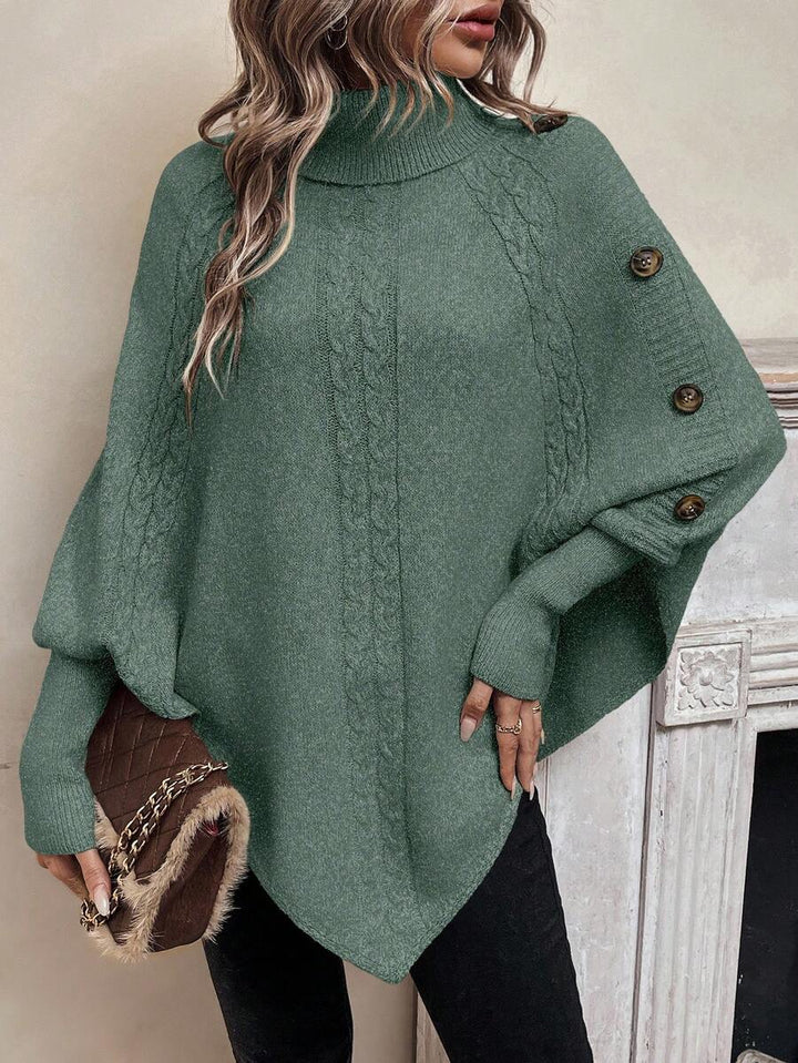 Alexis | Maglione Poncho con Collo Alto e Maniche a Pipistrello, Pullover a Maglia Cable Asimmetrico
