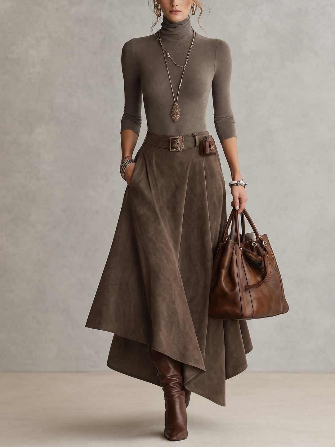 CELESTE | Completo Top Dolcevita in Maglia e Gonna Asimmetrica in Suedine