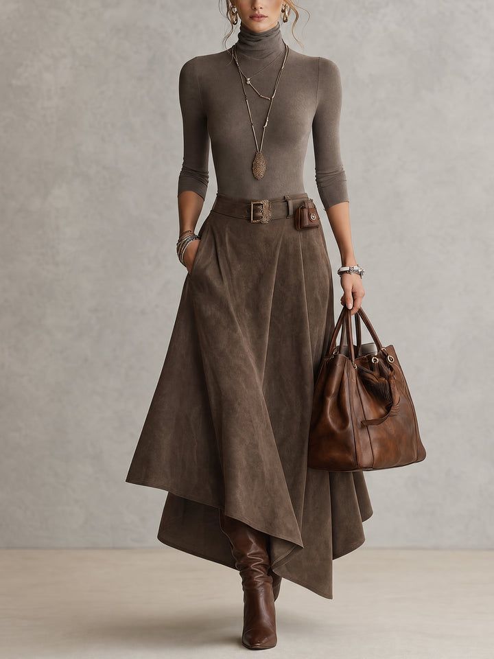 CELESTE | Completo Top Dolcevita in Maglia e Gonna Asimmetrica in Suedine