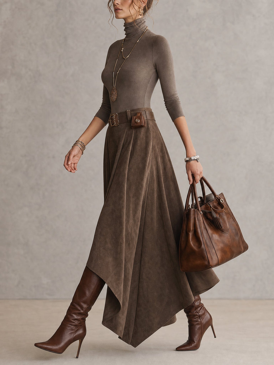 CELESTE | Completo Top Dolcevita in Maglia e Gonna Asimmetrica in Suedine