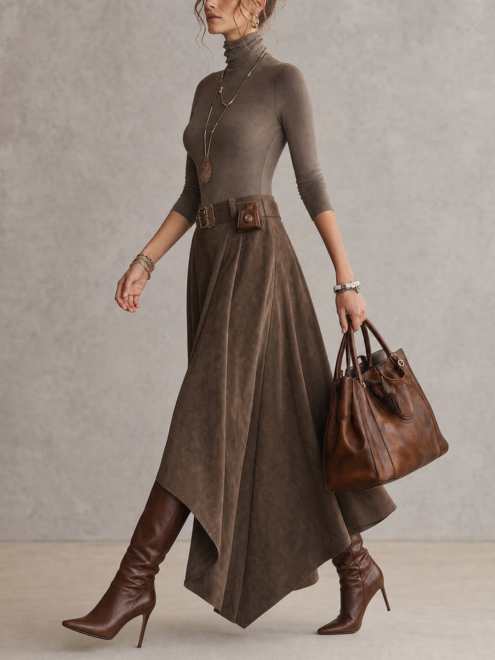 CELESTE | Completo Top Dolcevita in Maglia e Gonna Asimmetrica in Suedine