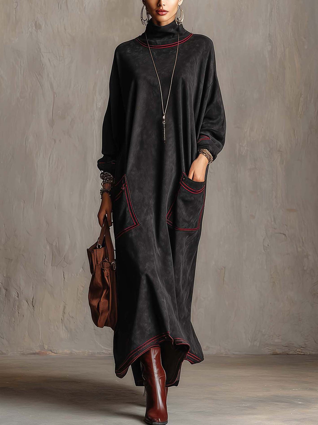 ILENIA | Abito Lungo in Suedine con Cuciture Rosse a Contrasto e Maxi Tasche