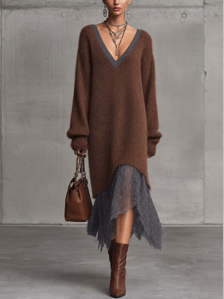 FIAMMA | Abito Midi in Maglia Mohair Marrone Cioccolato con Orlo in Pizzo
