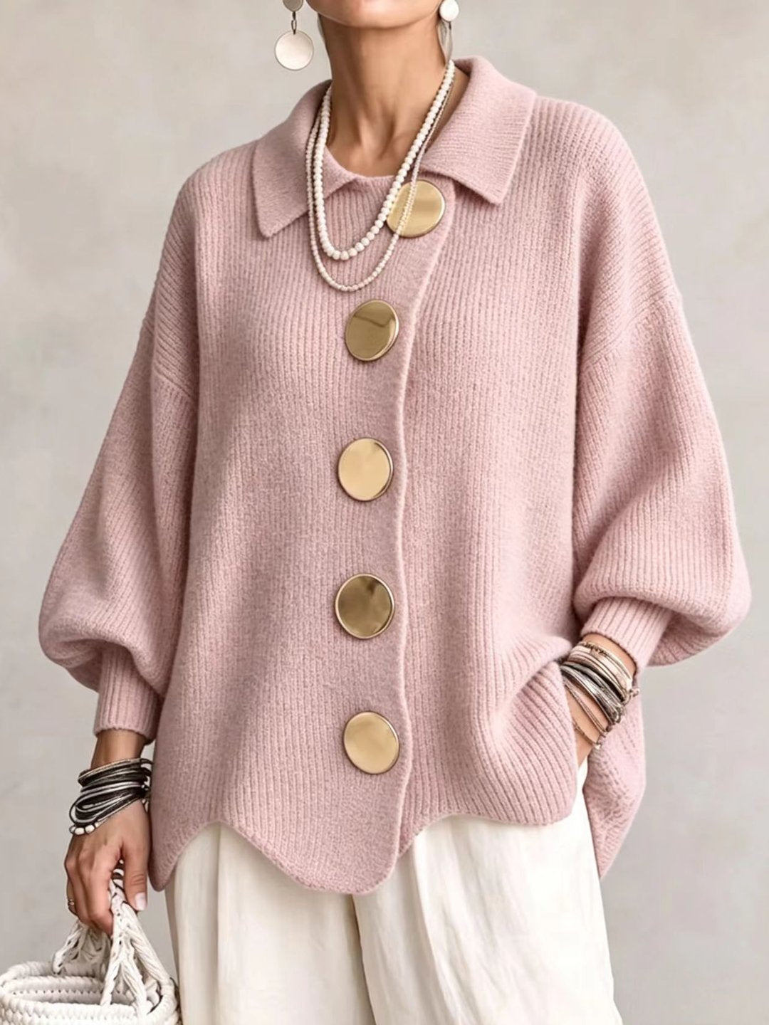 Stefania | Cardigan Oversize con Collo e Bottoni Metallici