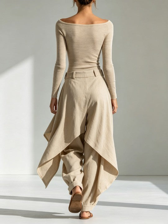 Giuliana | Completo Top Beige con Scollo a Barchetta e Pantalone a Gamba Larga a Strati
