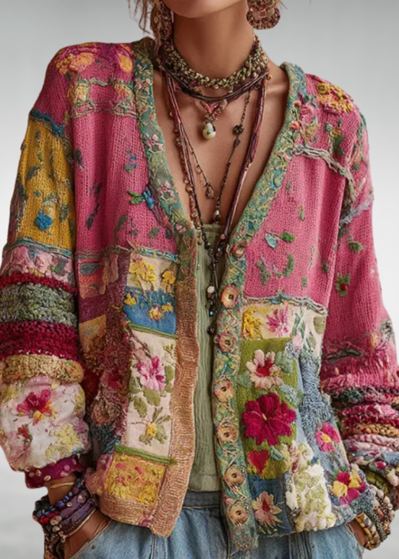 OPAL | Cardigan patchwork con lavorazione a maglia floreale bohemien