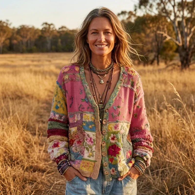 OPAL | Cardigan patchwork con lavorazione a maglia floreale bohemien