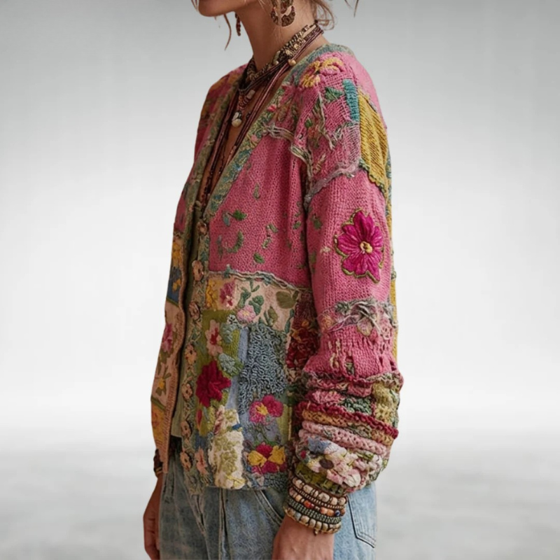 OPAL | Cardigan patchwork con lavorazione a maglia floreale bohemien
