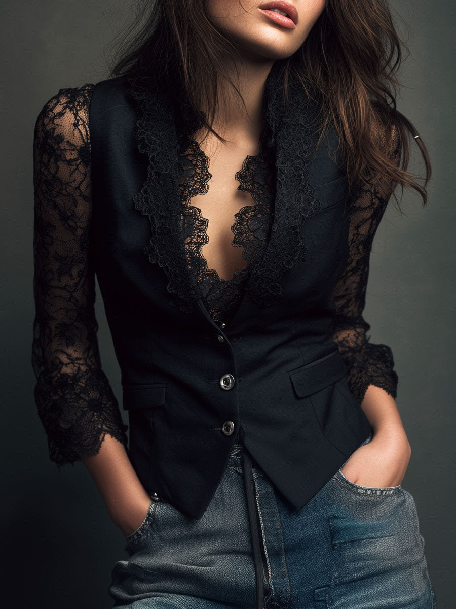 Noemi | Top Blazer Nero con Maniche Semi-Trasparenti