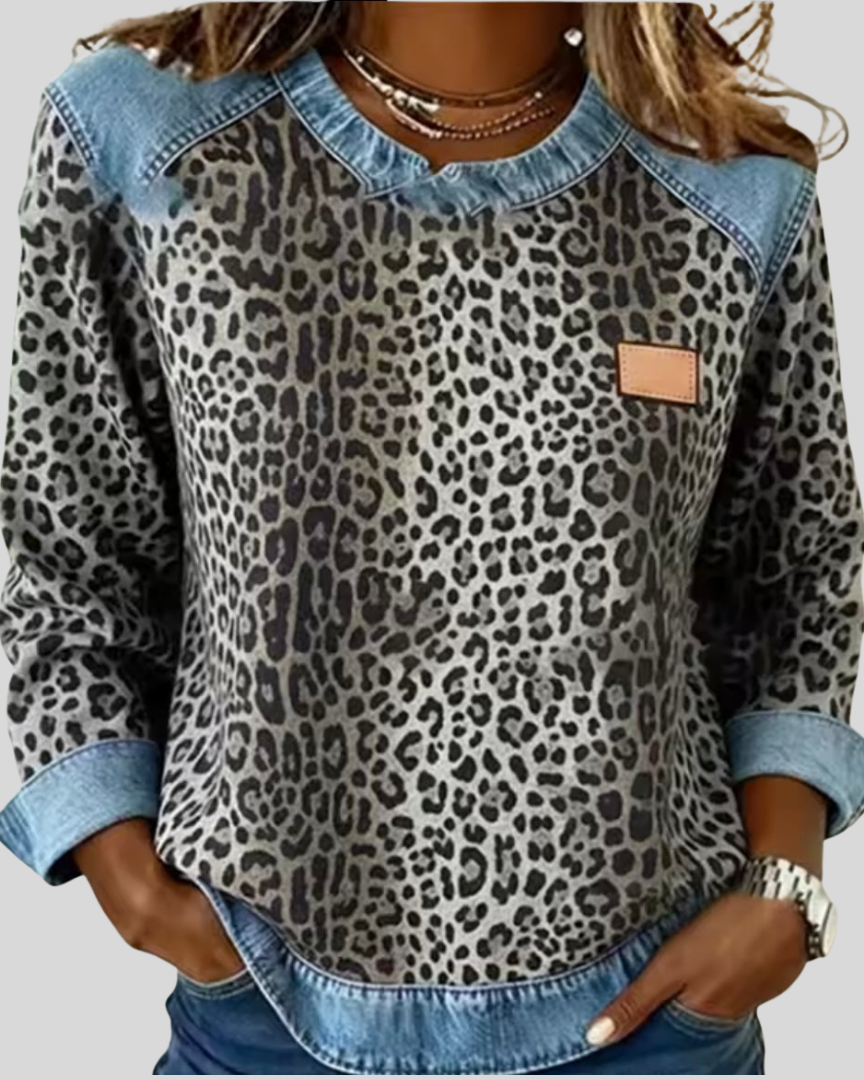 EMMA | Maglione con stampa leopardata e colletto effetto denim