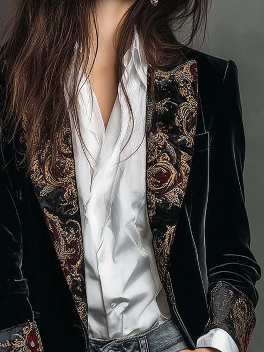 Ludovica | Blazer Aderente Stampa Barocca Nera