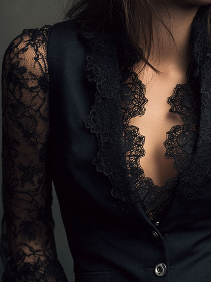 Noemi | Top Blazer Nero con Maniche Semi-Trasparenti