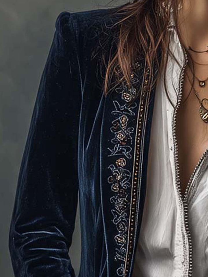 Adele | Blazer Lungo Vintage Ricamato Blu Navy
