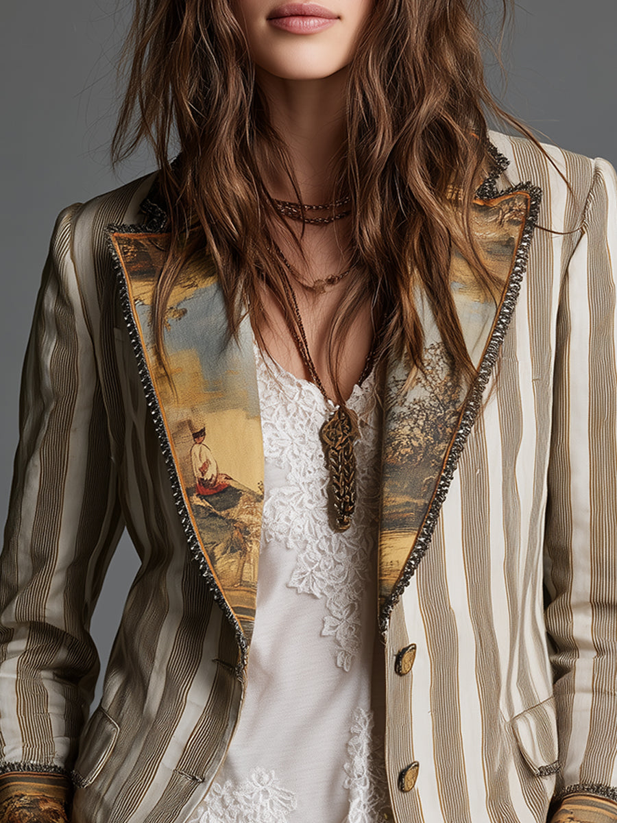 Susanna | Blazer Bohémien a Righe con Collo Stampato