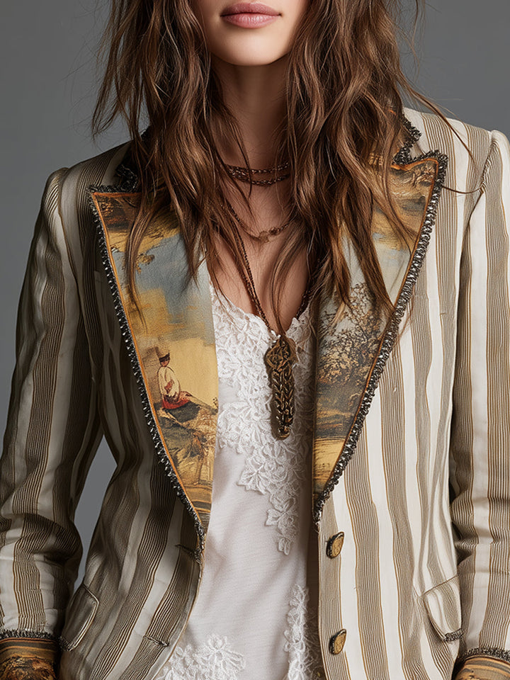 Susanna | Blazer Bohémien a Righe con Collo Stampato