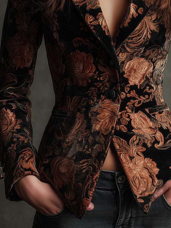 Beatrice | Blazer Sartoriale Stampa Floreale Nero e Bronzo