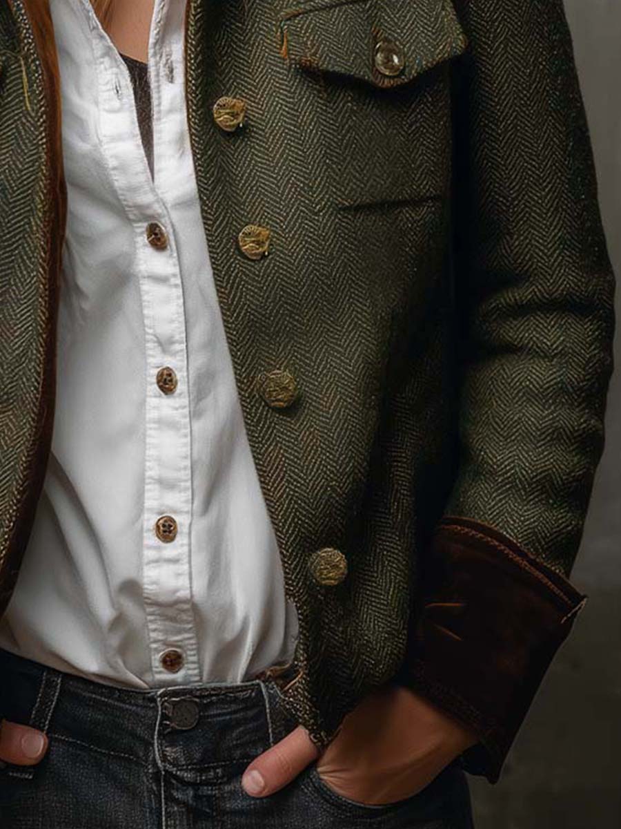 Roberta | Blazer Vintage a Spina di Pesce con Profili a Contrasto