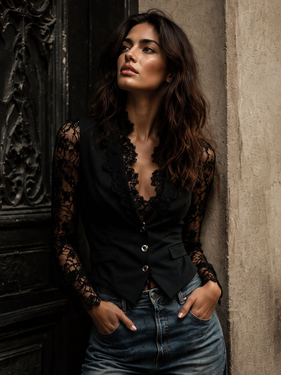 Noemi | Top Blazer Nero con Maniche Semi-Trasparenti