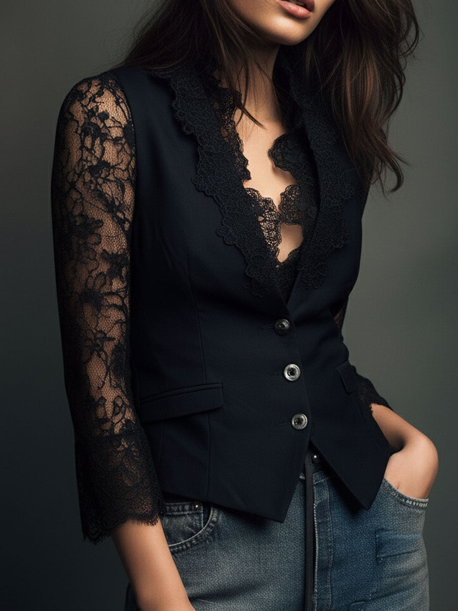 Noemi | Top Blazer Nero con Maniche Semi-Trasparenti