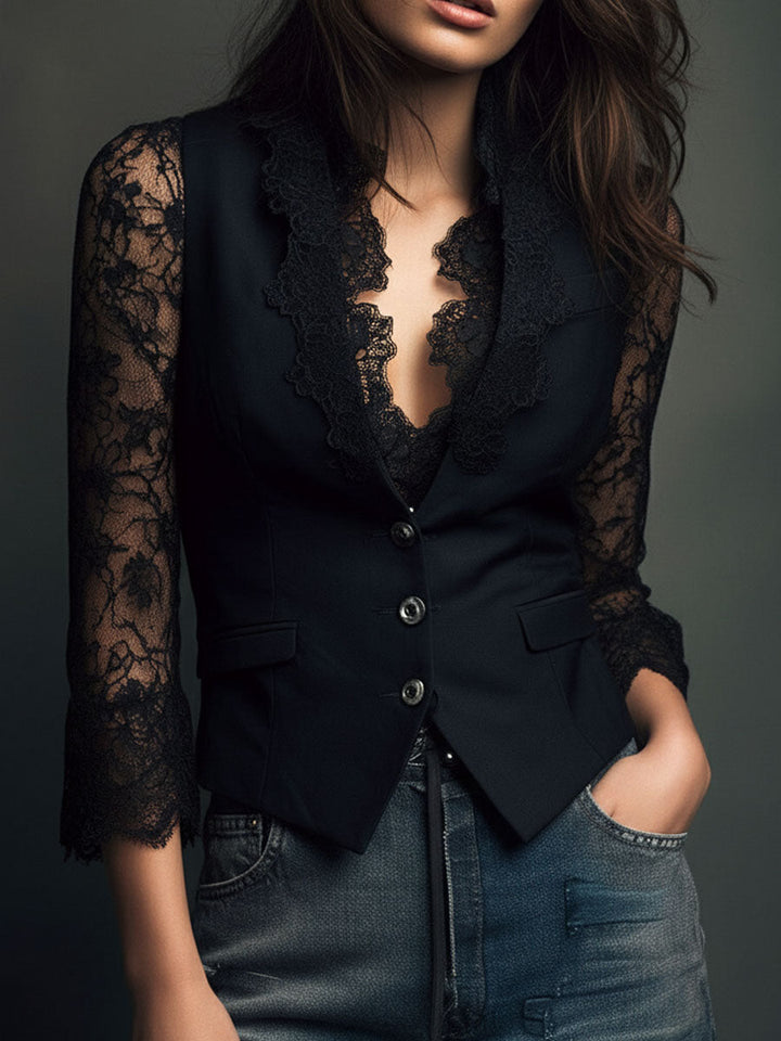 Noemi | Top Blazer Nero con Maniche Semi-Trasparenti