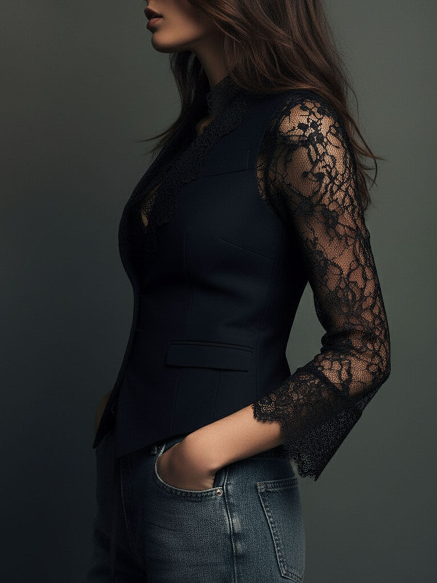 Noemi | Top Blazer Nero con Maniche Semi-Trasparenti