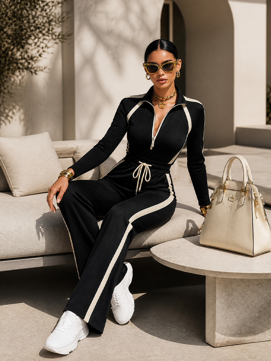Monica | Completo Tuta con Righe a Contrasto Nere, Top con Zip e Pantalone a Gamba Larga con Coulisse