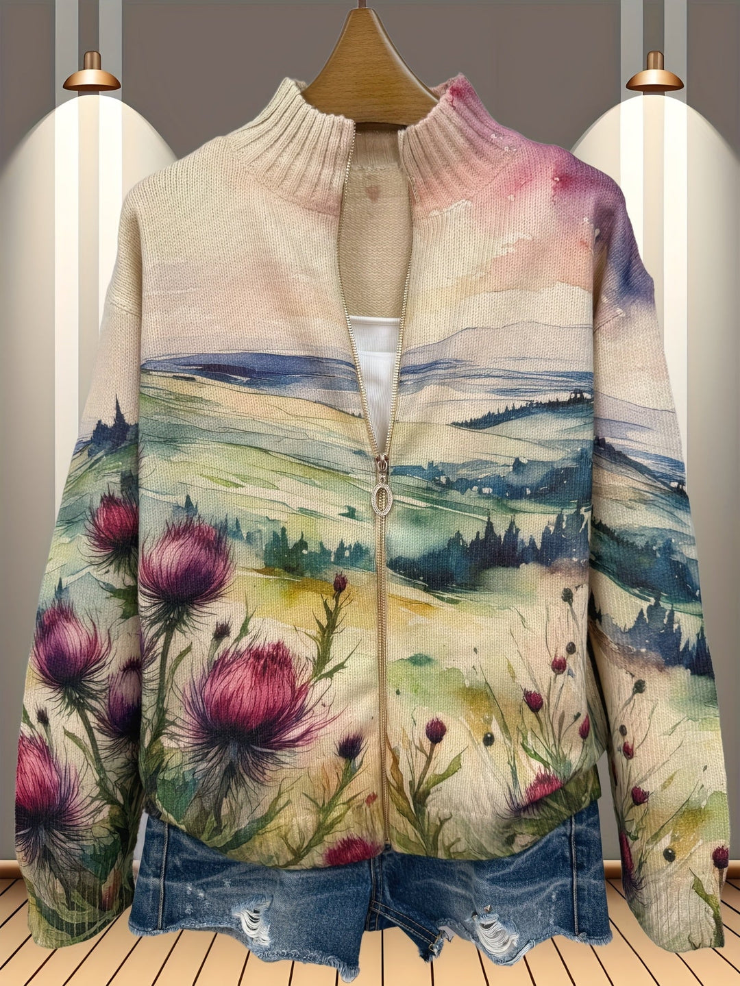 Zelda | Cardigan con Zip a Paesaggio di Cardo Scozzese