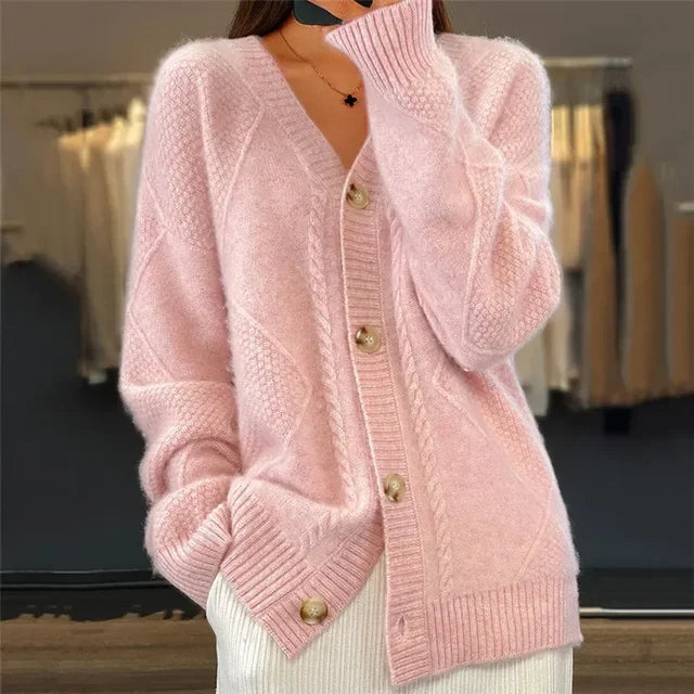 Aaliyah | Cardigan con Bottoni e Scollatura a V con Dettaglio a Maglia a Diamante, Strato Quotidiano