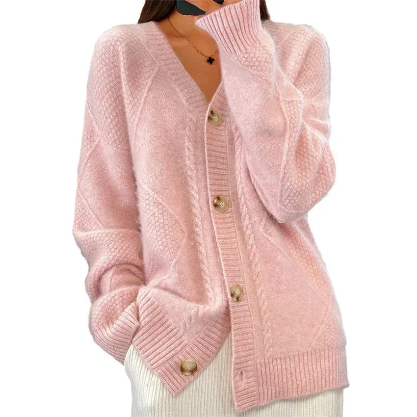 Aaliyah | Cardigan con Bottoni e Scollatura a V con Dettaglio a Maglia a Diamante, Strato Quotidiano