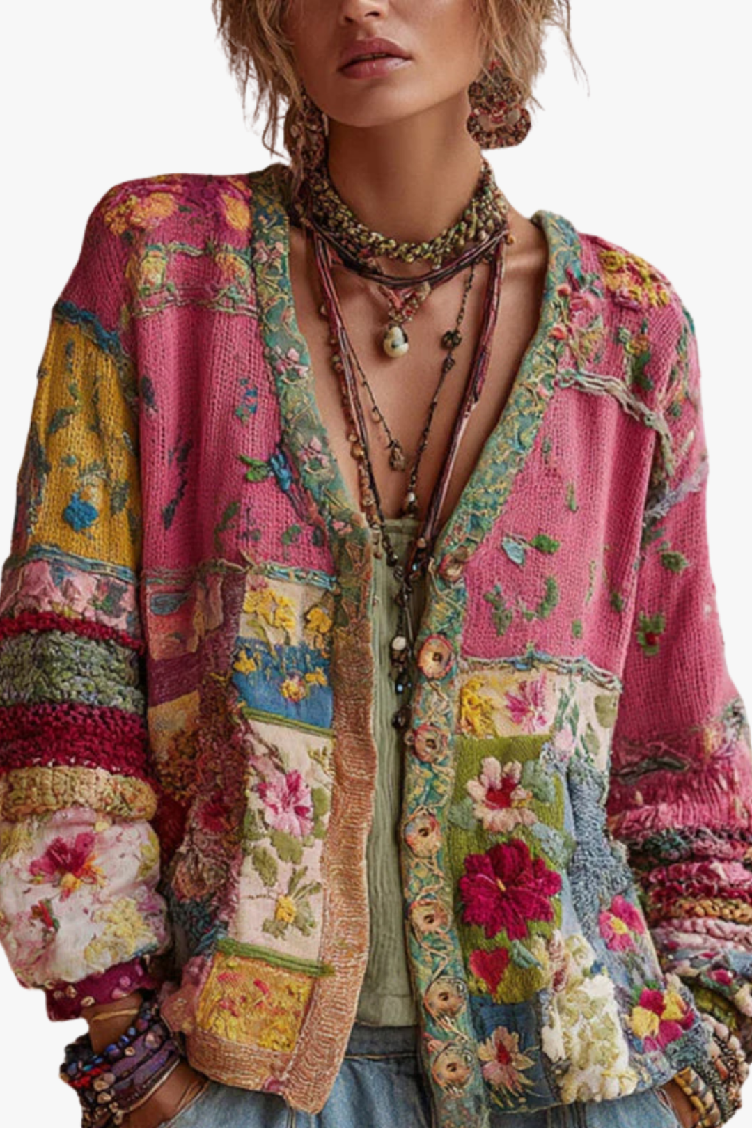Petronella™ | Cardigan a Maglia Patchwork Floreale