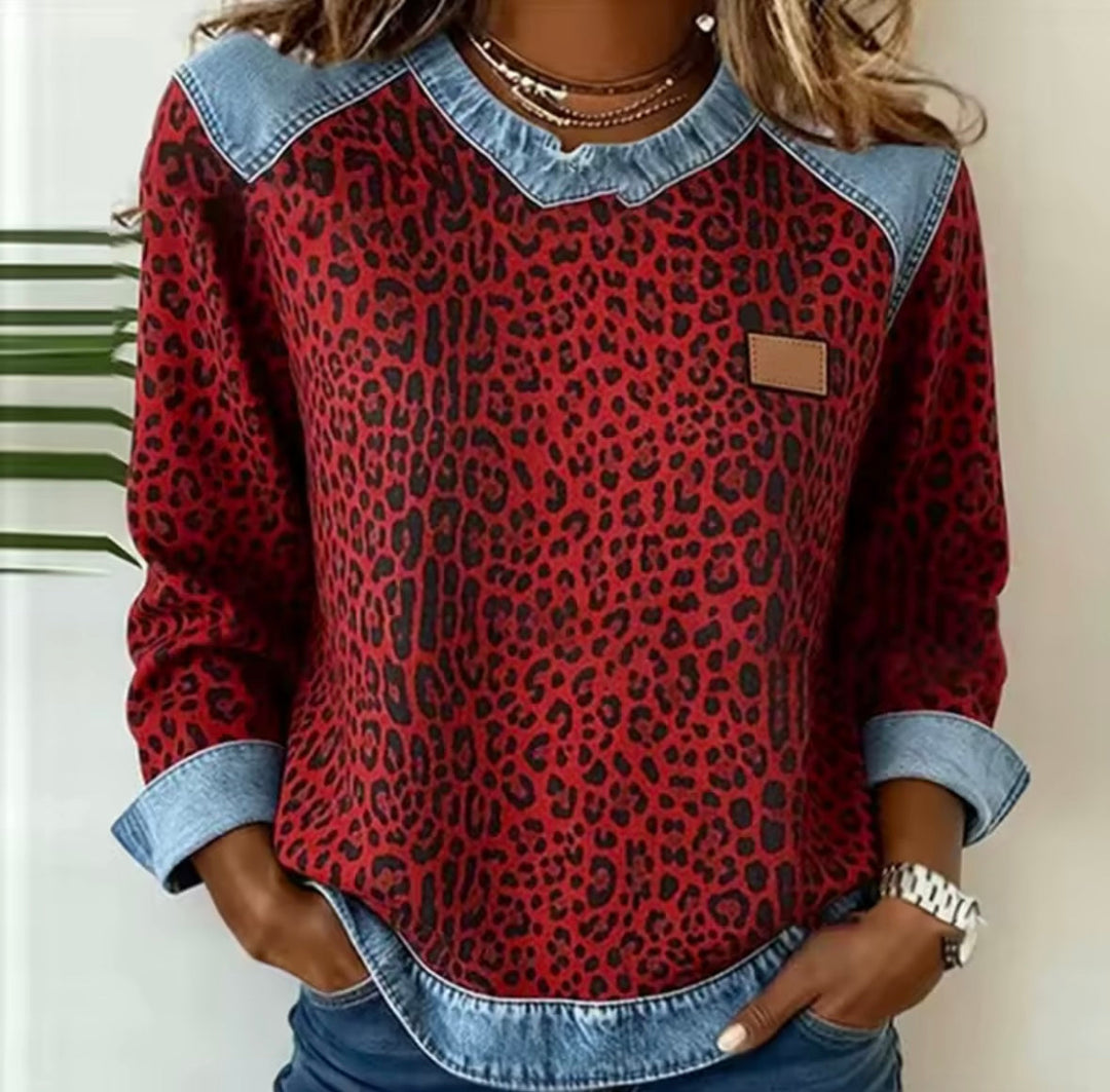 EMMA | Maglione a stampa leopardata con colletto effetto denim