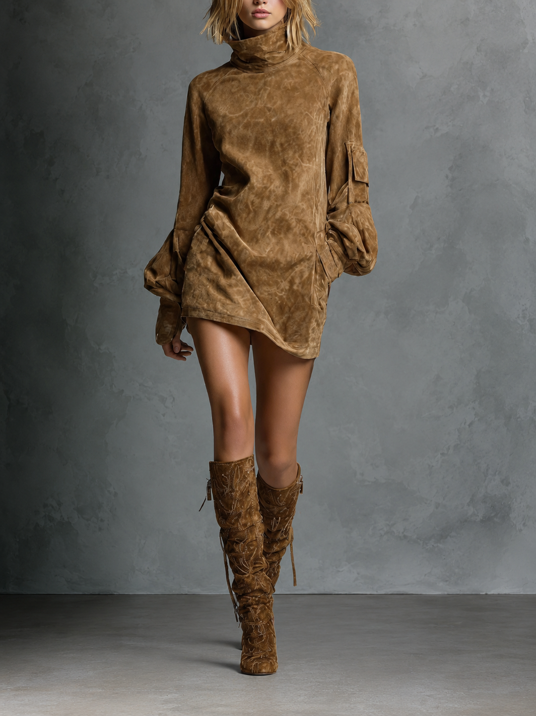 Bibiana | Mini Abito Oversize in Scamosciato a Collo Alto
