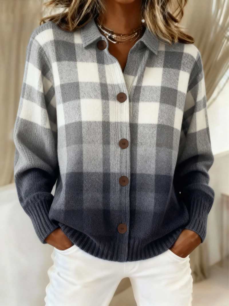 Agnes | Cardigan a Bottoni in Plaid Ombre Grigio