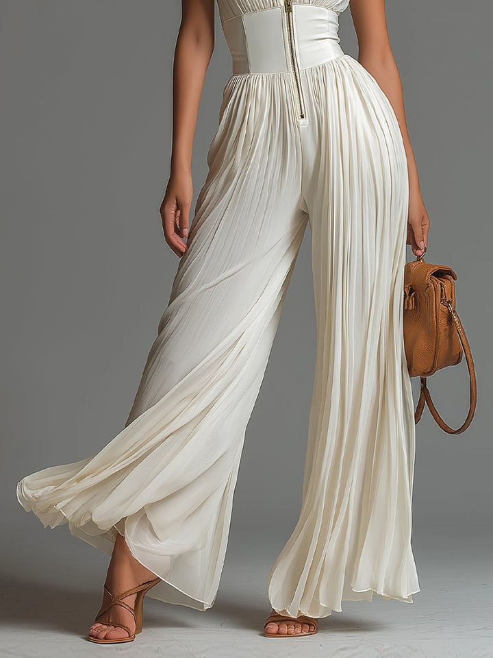 Luisa | Tuta in Chiffon Bianco Senza Maniche con Zip e Pieghe a Gamba Larga