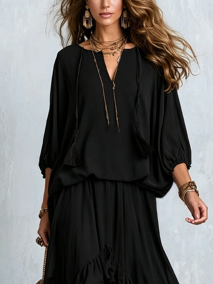 Elvira | Completo con Top in Chiffon Nero con Scollo a V e Frange Abbinato a Gonna a Strati con Volant
