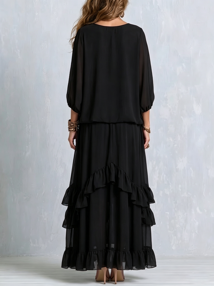 Elvira | Completo con Top in Chiffon Nero con Scollo a V e Frange Abbinato a Gonna a Strati con Volant