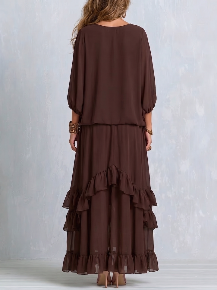 Manuela | Top in Chiffon Marrone con Frange e Scollo a V Abbinato a Gonna a Strati con Volant