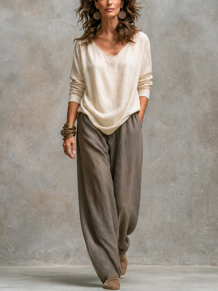Costanza | Completo Tre Pezzi Beige e Grigio, Casual a Strati, con Pantalone Palazzo, Elegante